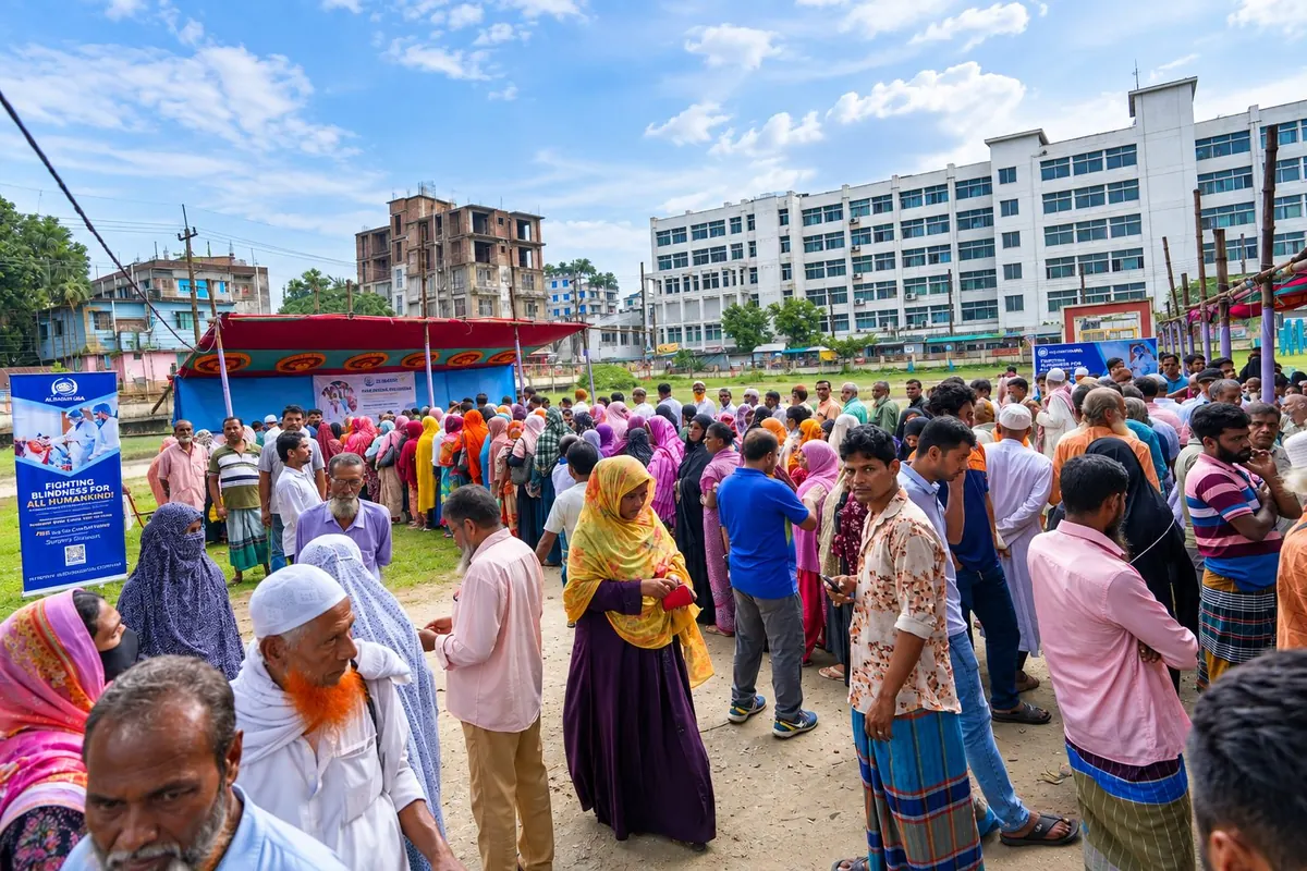 Medical team screening patients at a mobile camp