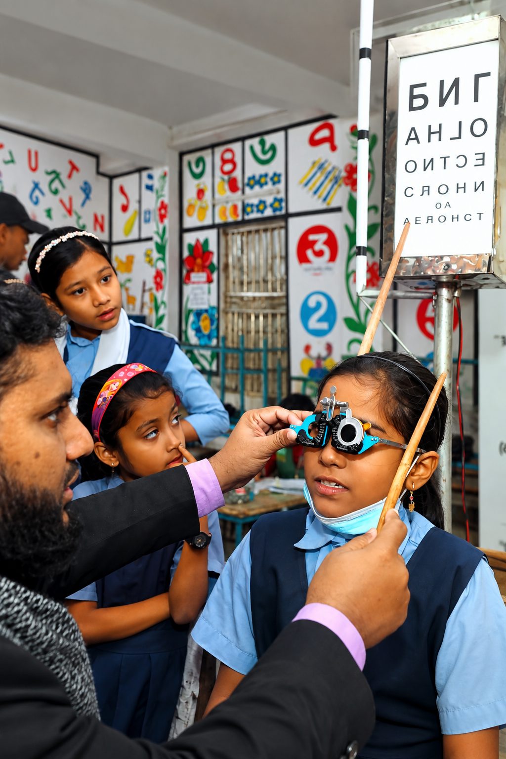 A child having their eyes screened at school