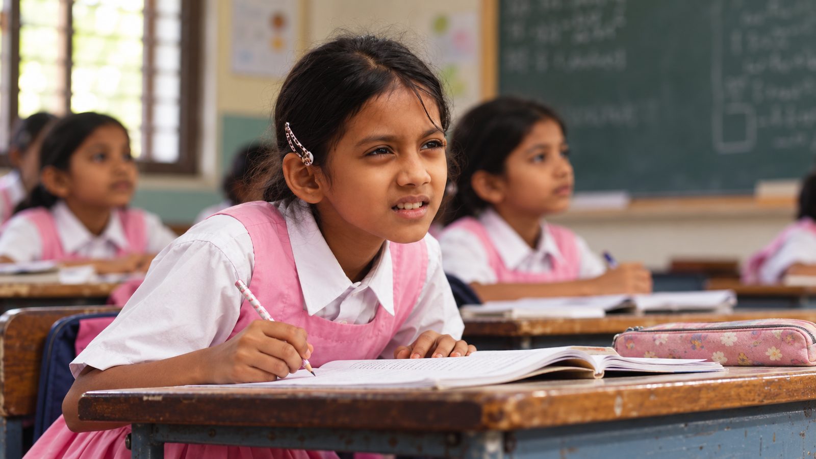 A child wearing new glasses in a classroom