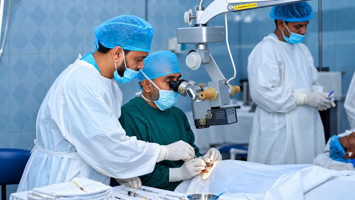 A trainer teaching a group of eye-care students
