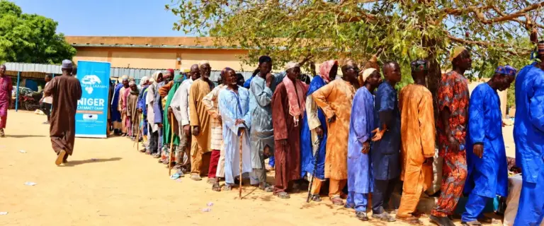 Patients queuing outside a mobile eye clinic in Niger